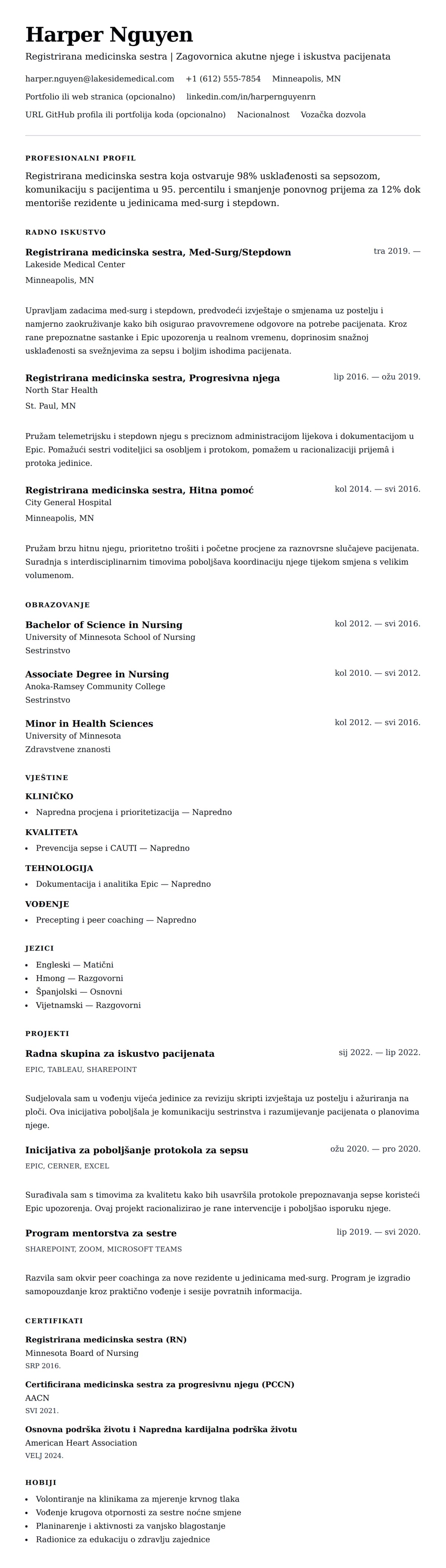 Pregled životopisa za Primjer životopisa medicinske sestre