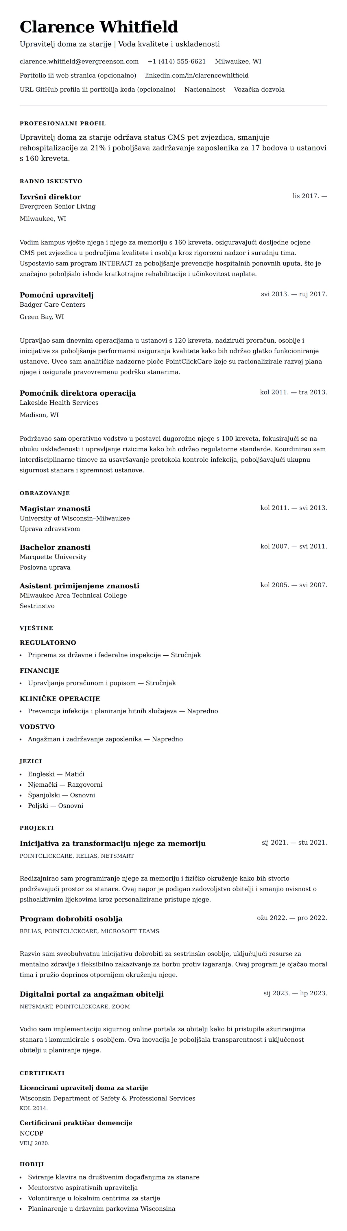 Pregled životopisa za Primjer životopisa upravitelja doma za starije