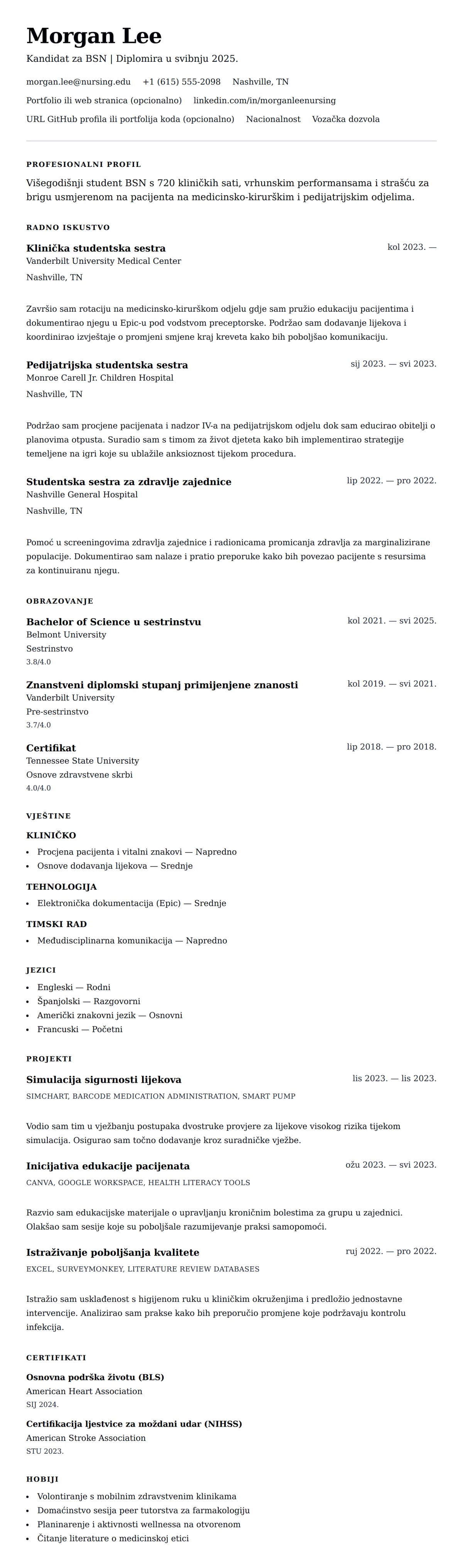 Pregled životopisa za Primjer životopisa studenta sestrinstva