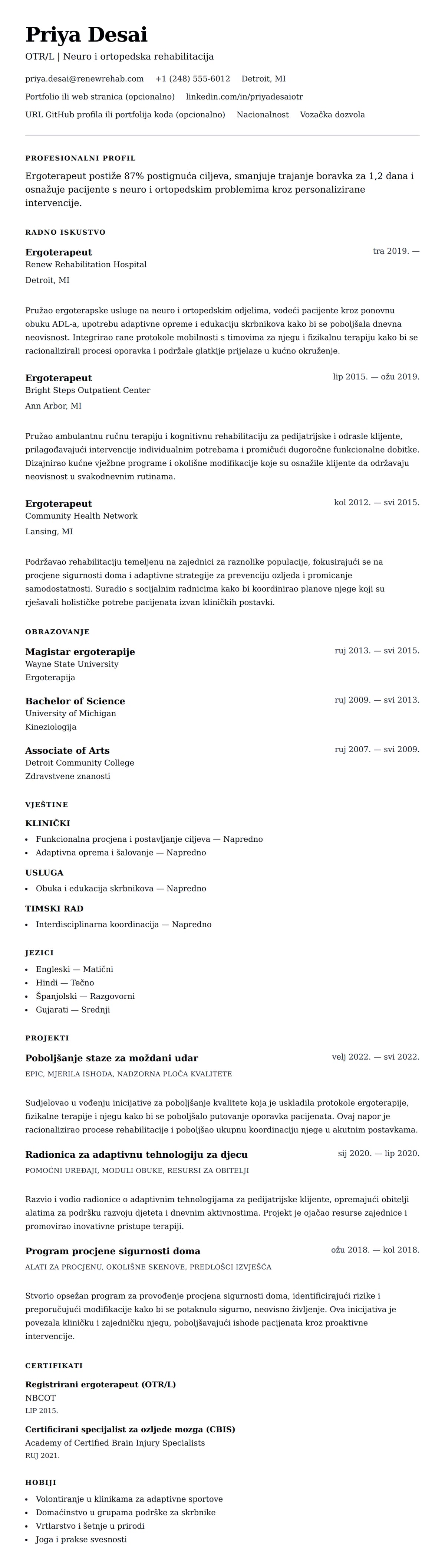 Pregled životopisa za Primjer Životopisa za Ergoterapeuta