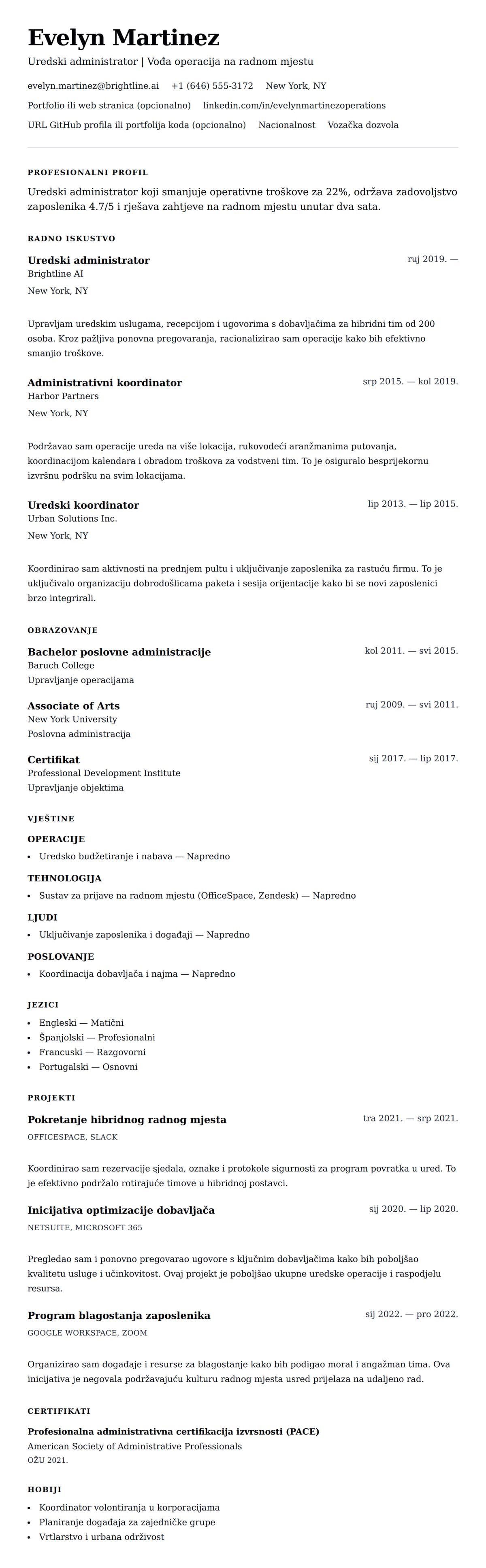 Pregled životopisa za Primjer životopisa za uredskog administratora