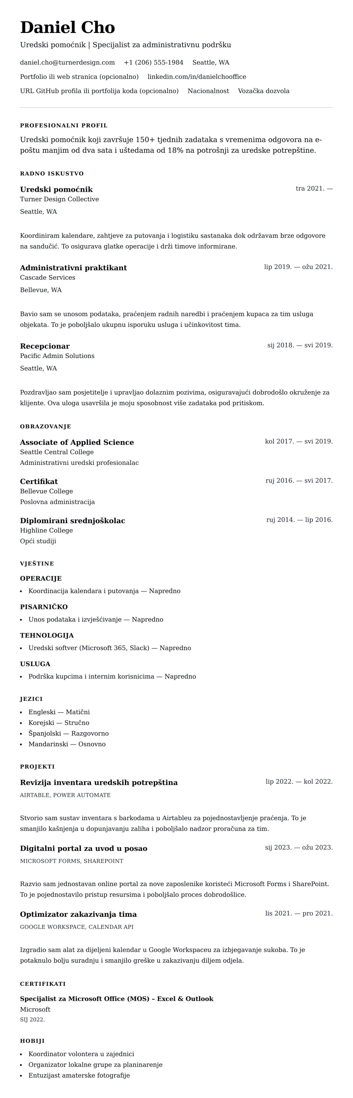 Pregled životopisa za Primjer životopisa za uredskog pomoćnika