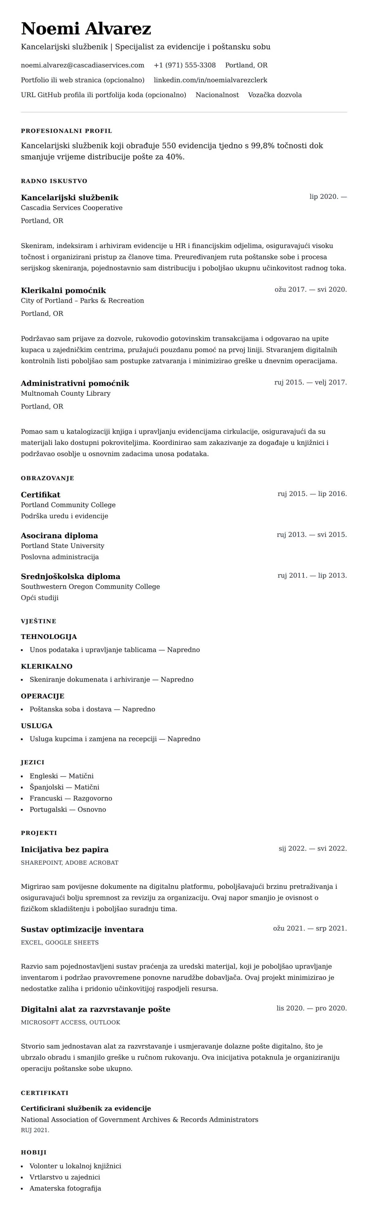 Pregled životopisa za Primjer rezimea za kancelarijskog službenika