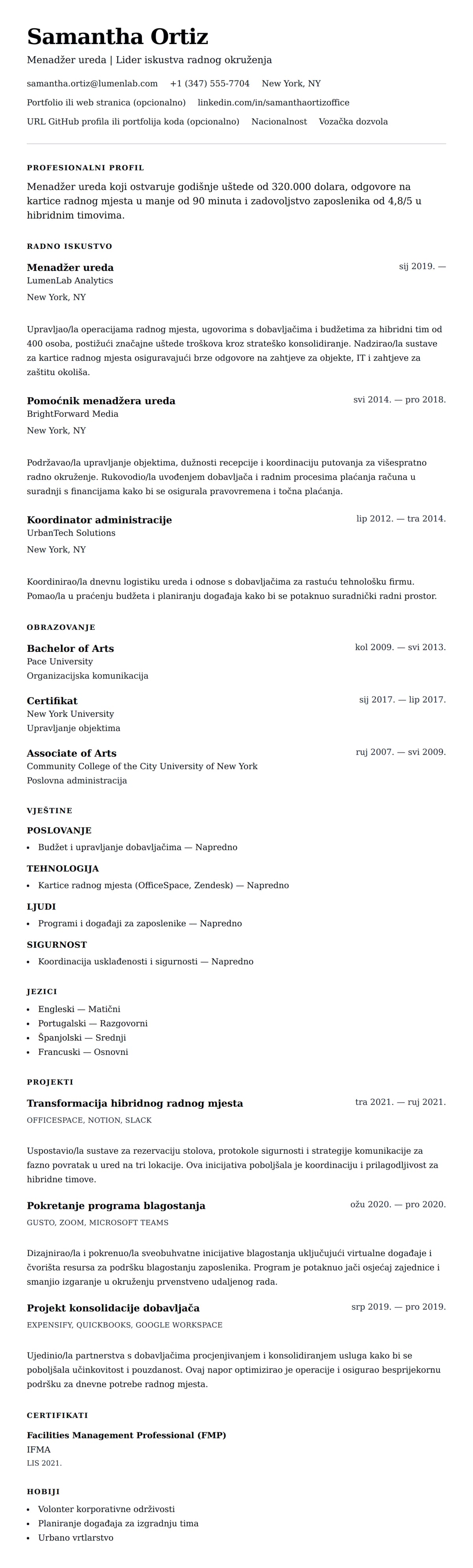 Pregled životopisa za Primjer životopisa za menadžera ureda