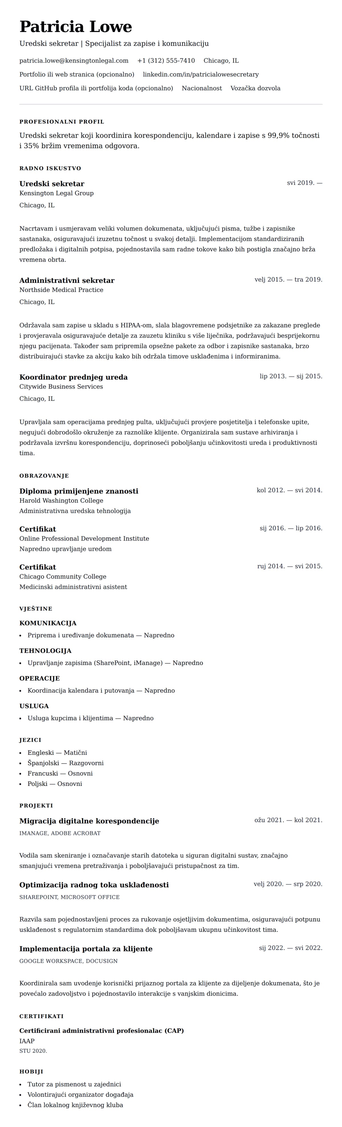 Pregled životopisa za Primjer životopisa za uredskog sekretara