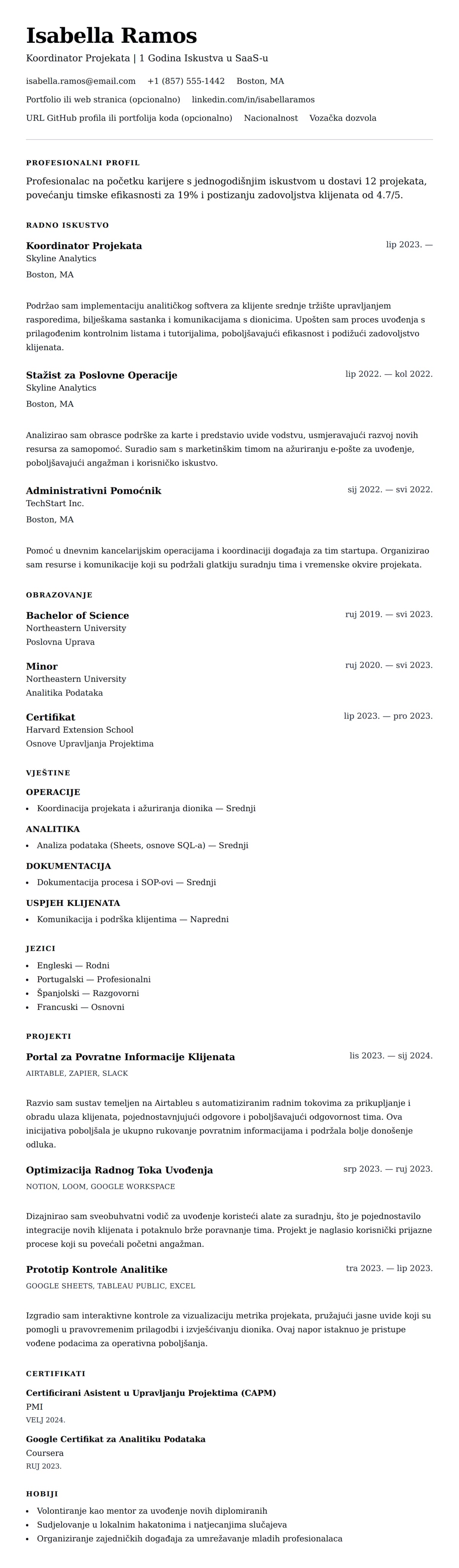 Pregled životopisa za Primjer Resumija s Jednogodišnjim Iskustvom