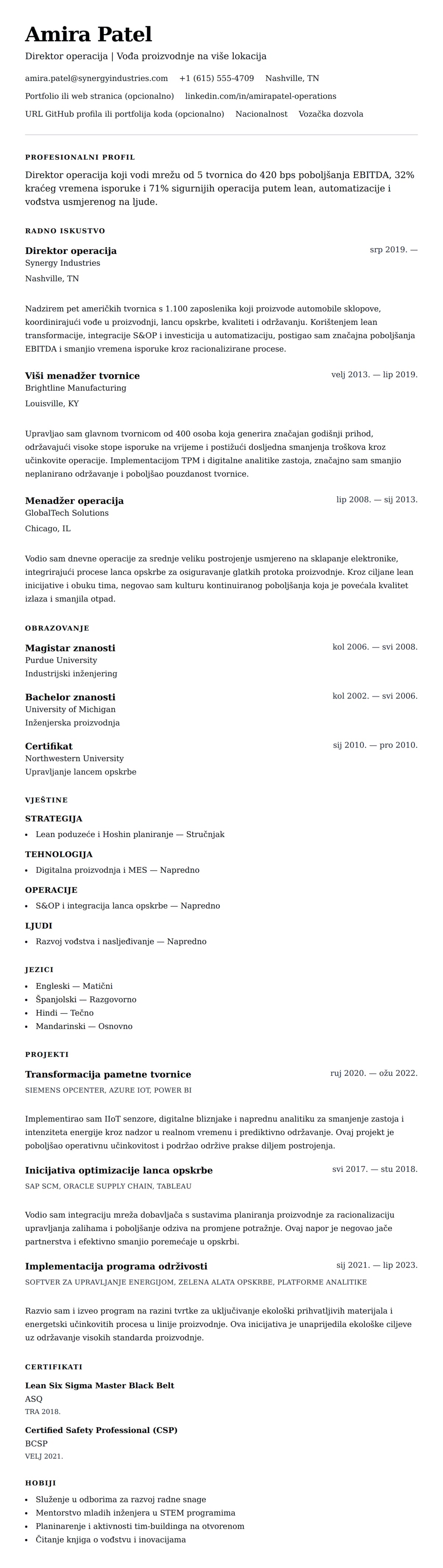 Pregled životopisa za Primjer životopisa direktora operacija