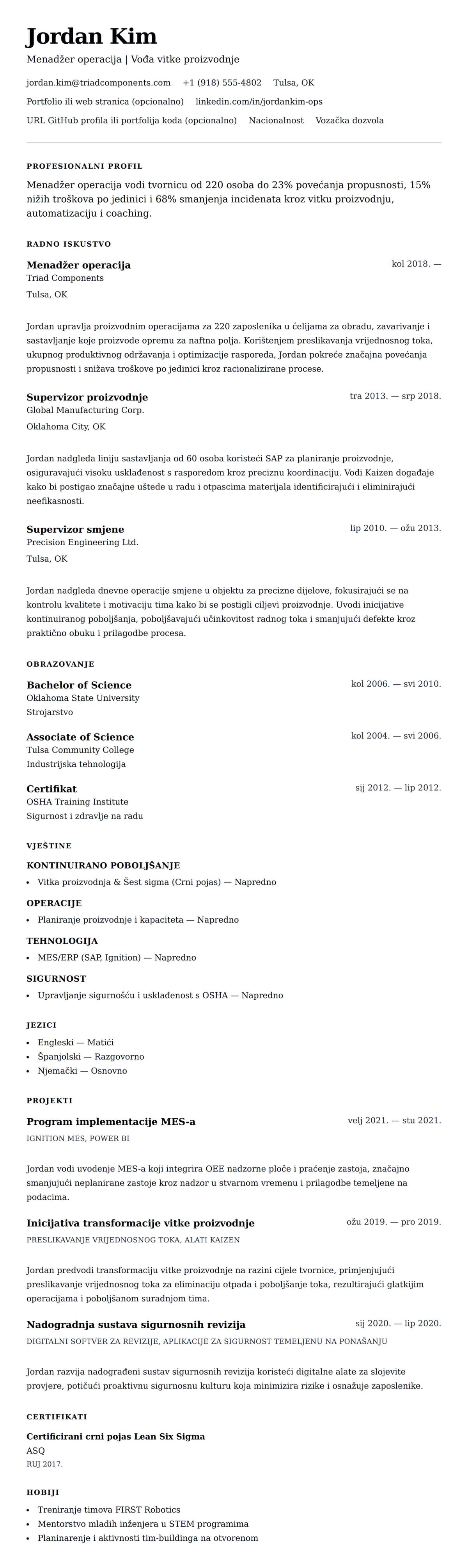 Pregled životopisa za Primjer životopisa za menadžera operacija