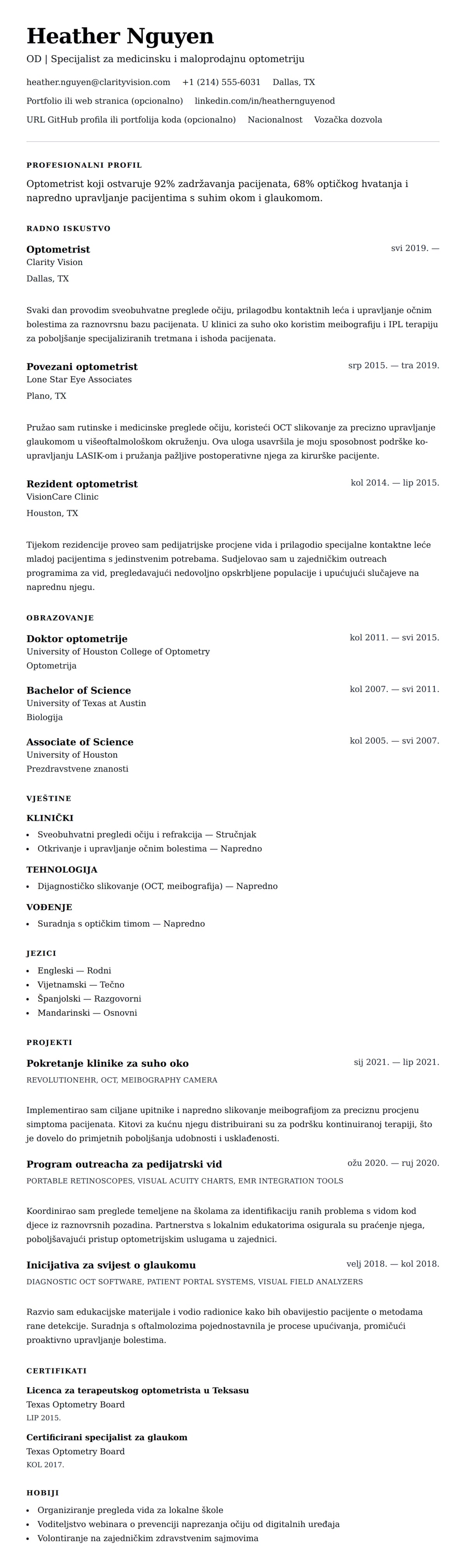 Pregled životopisa za Primjer životopisa optometrista