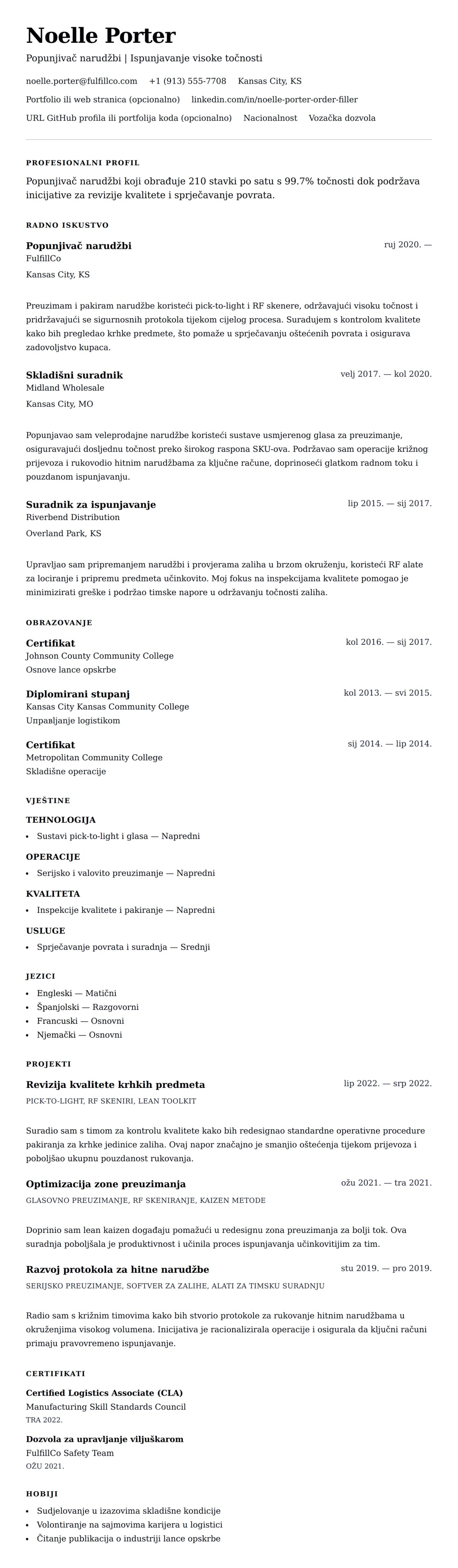 Pregled životopisa za Primjer životopisa za popunjivača narudžbi