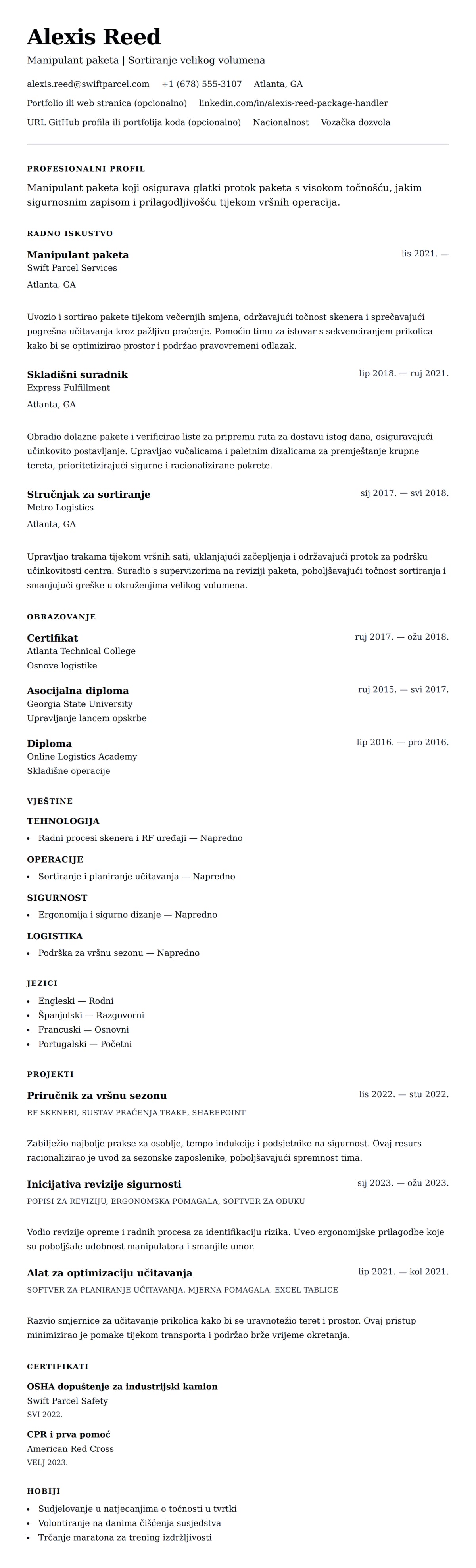 Pregled životopisa za Primjer životopisa za manipulanta paketa