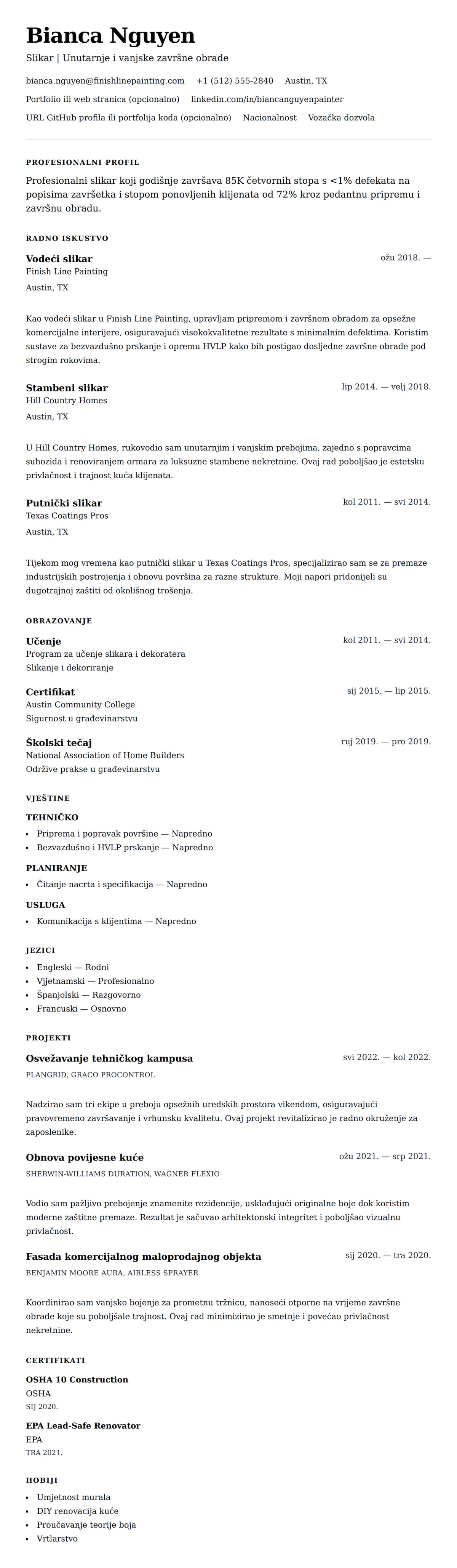 Pregled životopisa za Primjer životopisa slikara