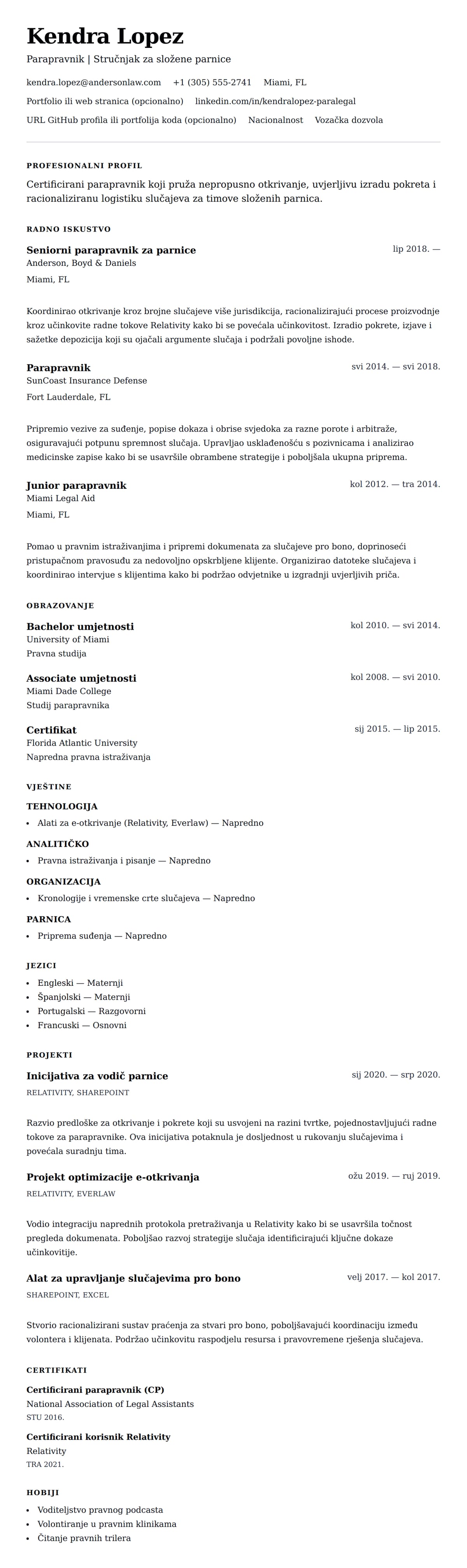 Pregled životopisa za Primjer životopisa parapravnika