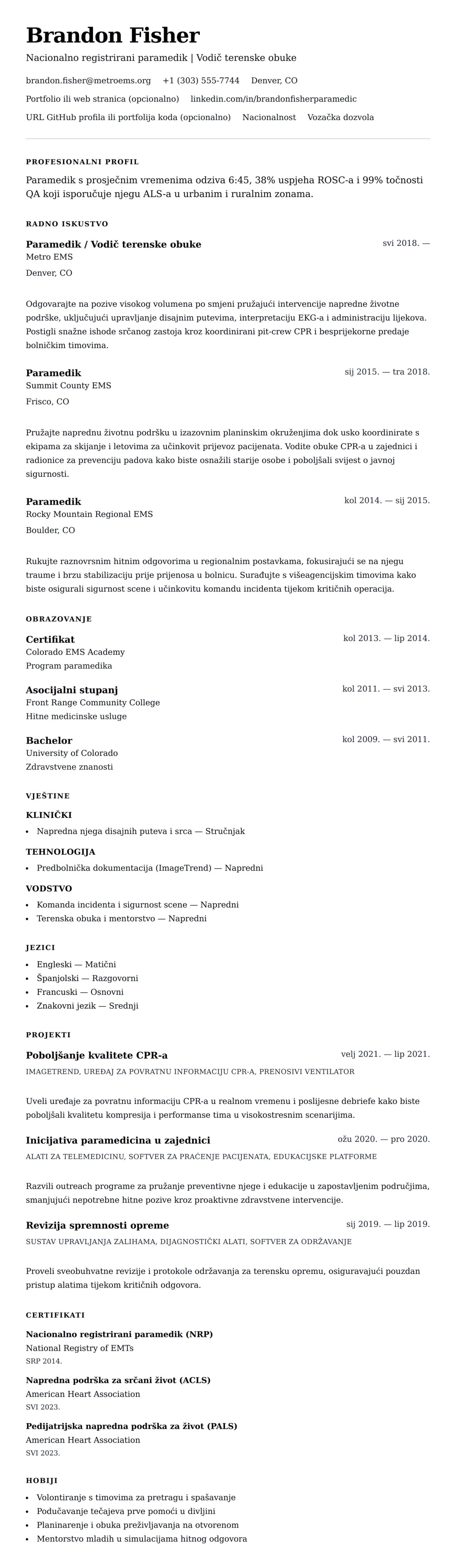 Pregled životopisa za Primjer životopisa paramedika