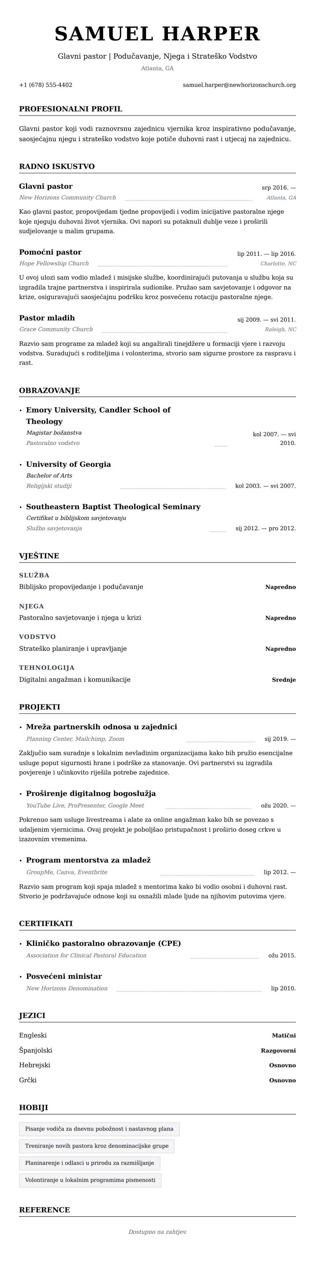 Pregled životopisa za Primjer životopisa pastora