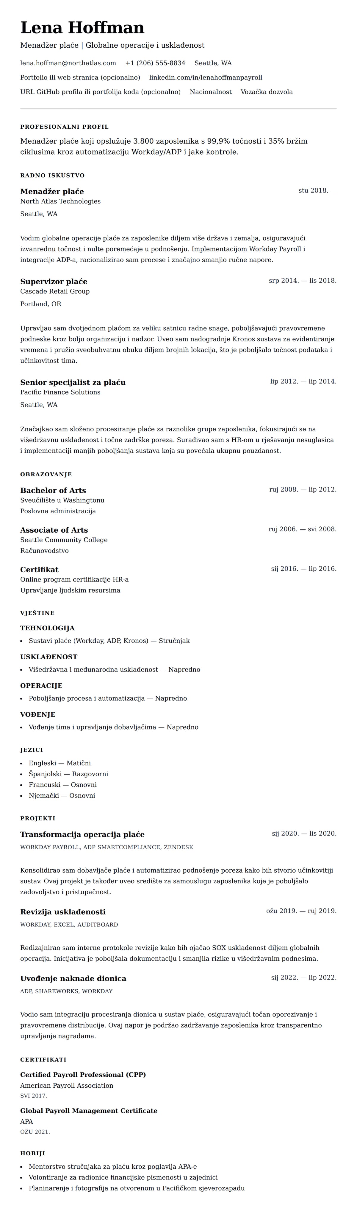 Pregled životopisa za Primjer rezimea za menadžera plaće