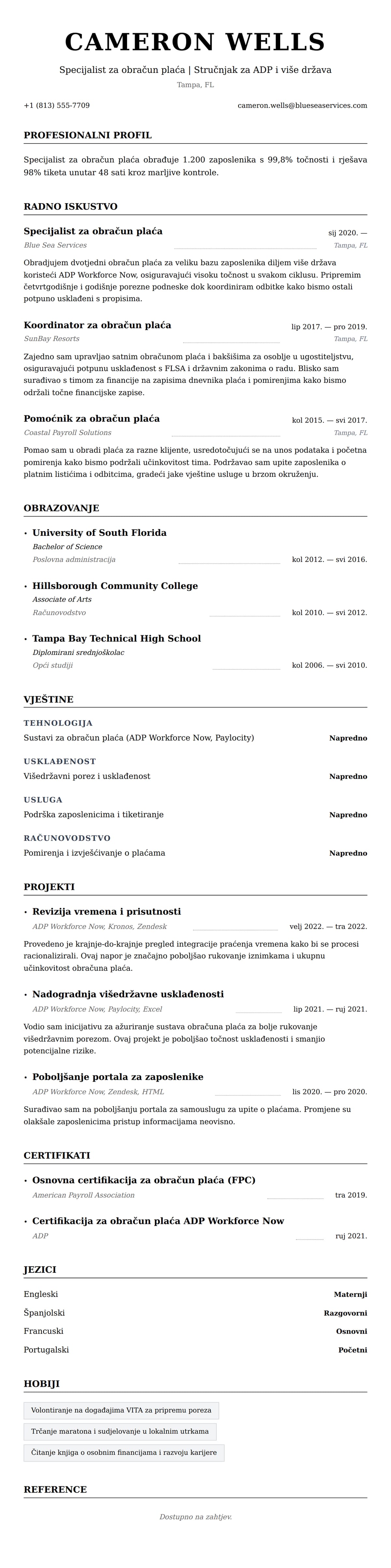 Pregled životopisa za Primjer CV-a za specijalista za obračun plaća