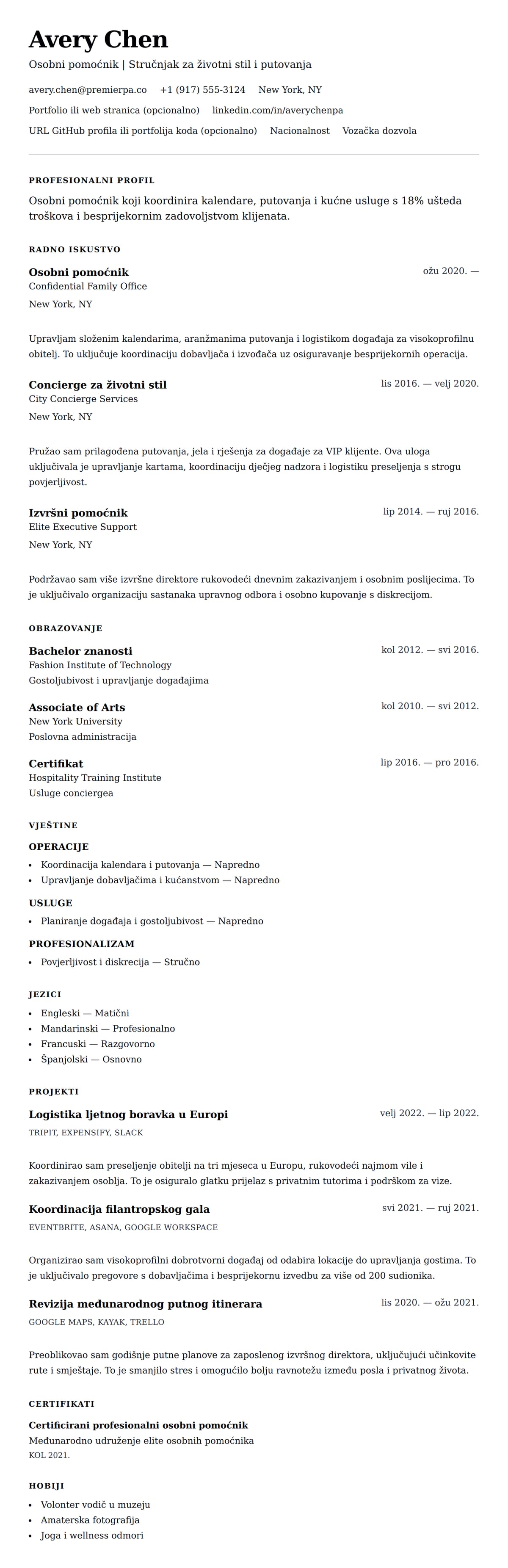 Pregled životopisa za Primjer životopisa za osobnog pomoćnika