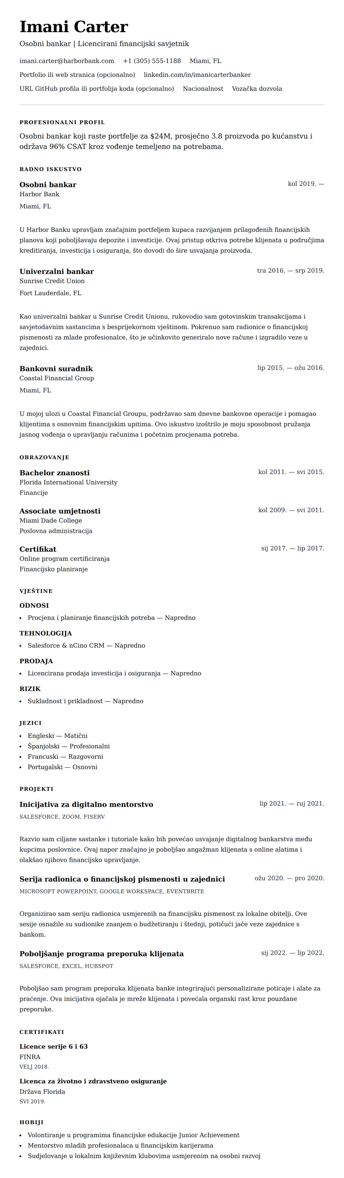 Pregled životopisa za Primjer životopisa za osobnog bankara