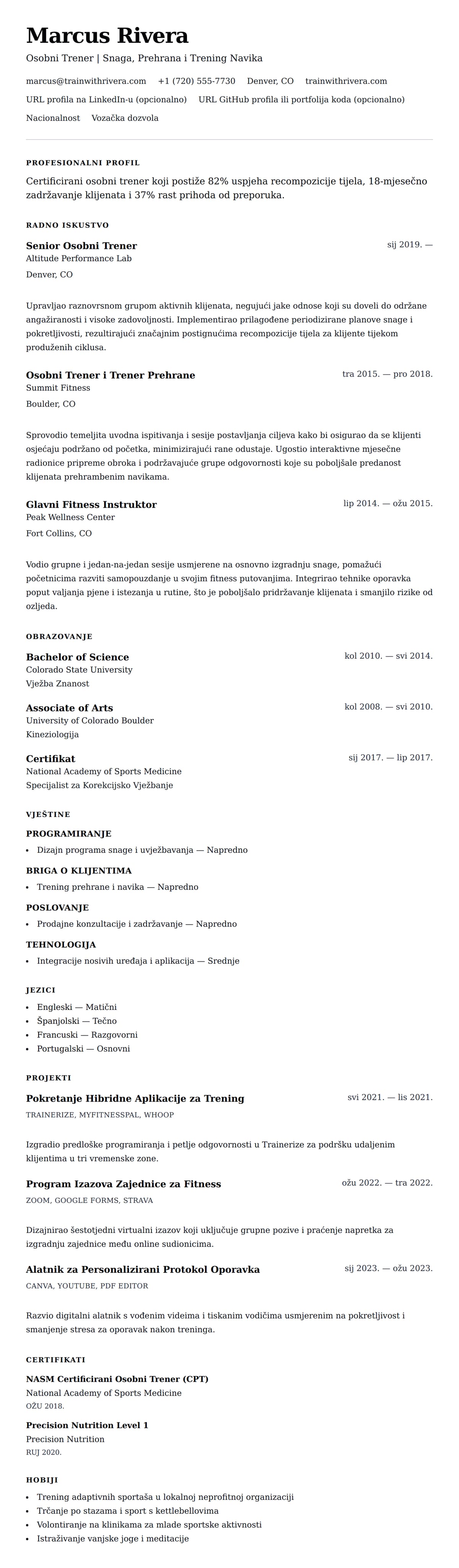 Pregled životopisa za Primjer Životopisa Osobnog Trenara