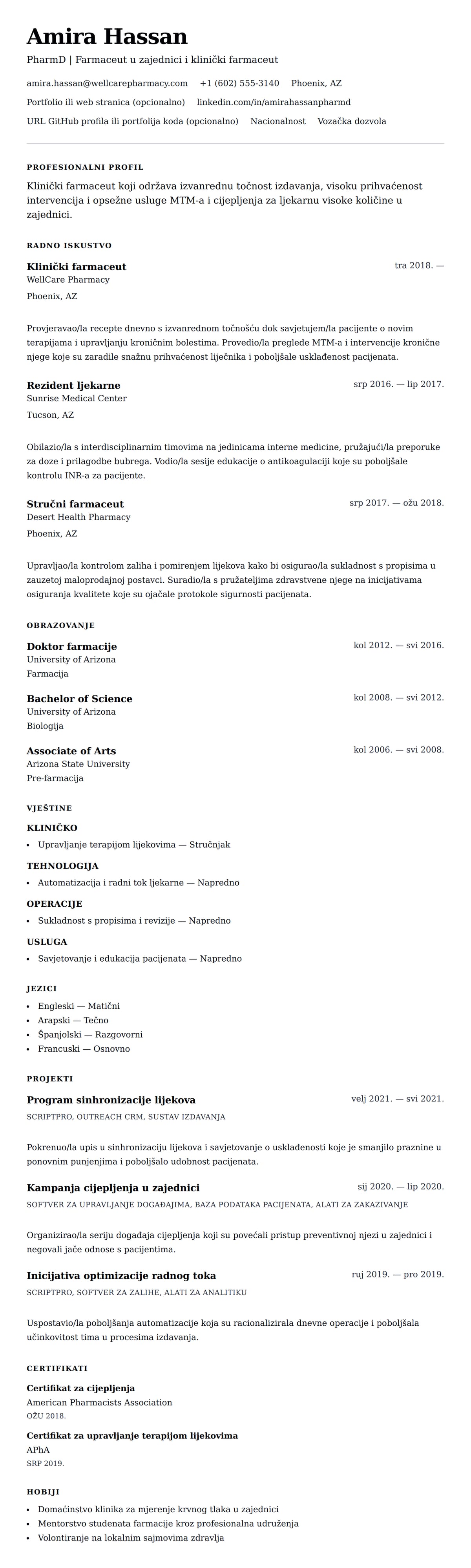 Pregled životopisa za Primjer Životopisa Farmaceuta