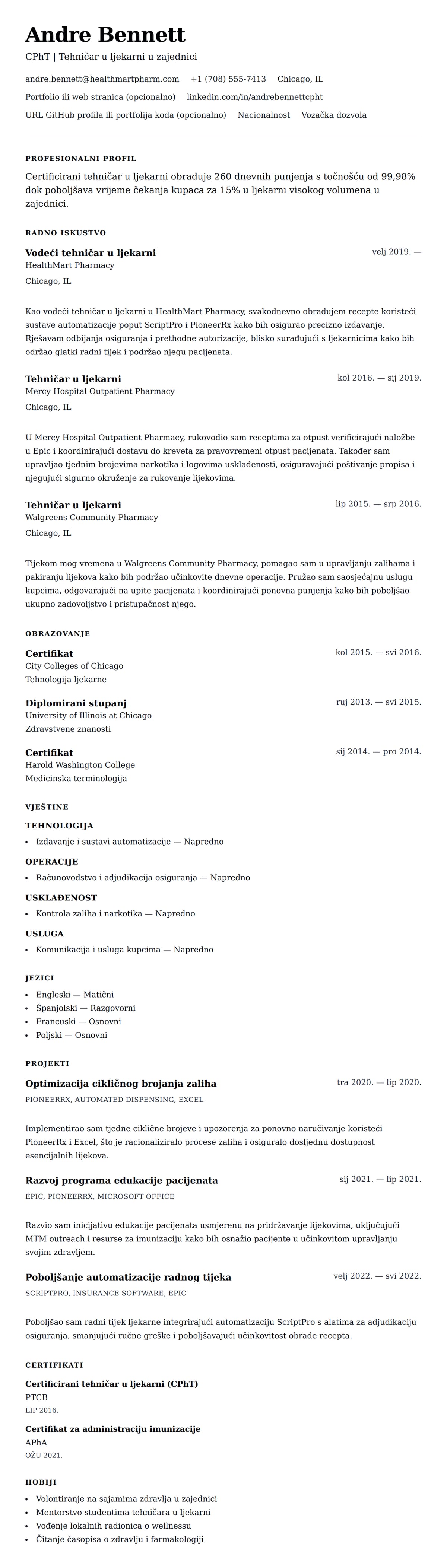 Pregled životopisa za Primjer životopisa za tehničara u ljekarni