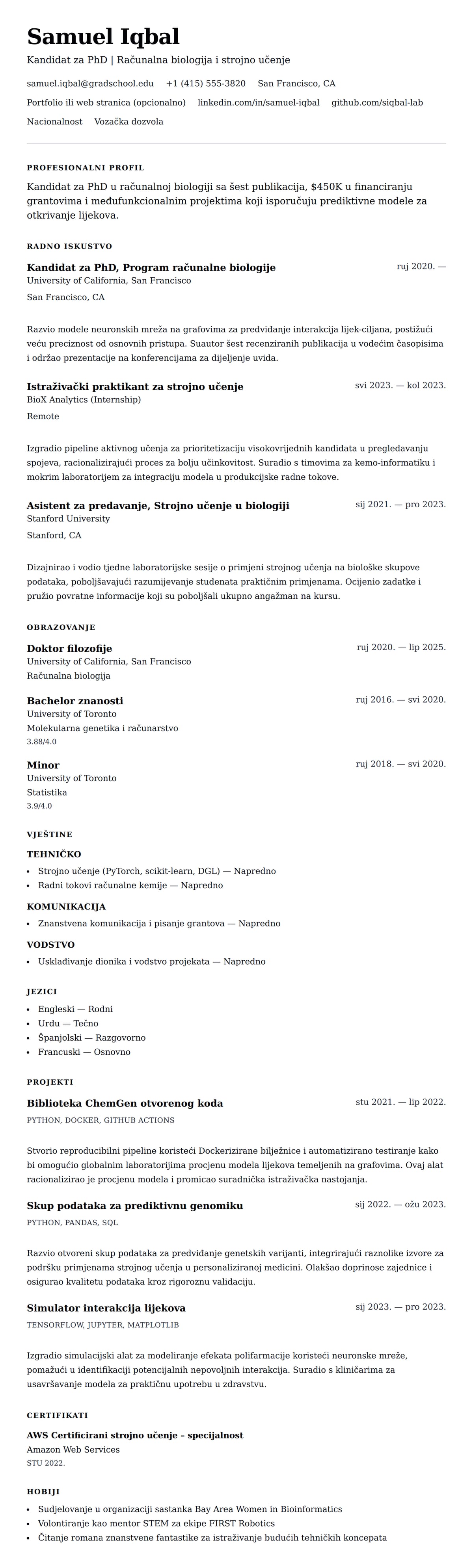 Pregled životopisa za Primjer CV-a za PhD