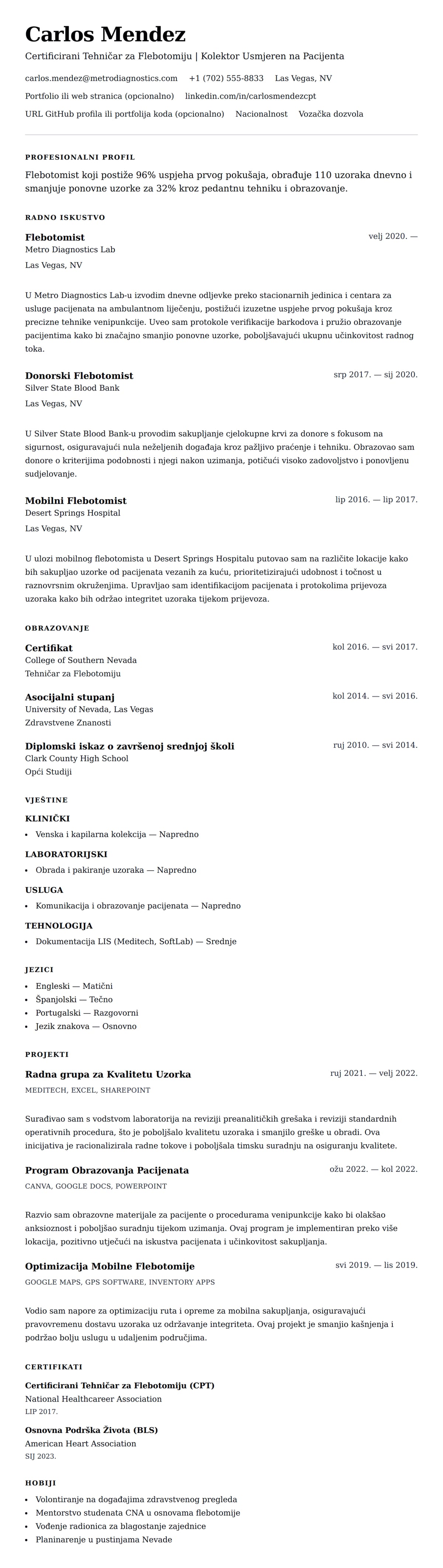 Pregled životopisa za Primjer Životopisa Flebotomista