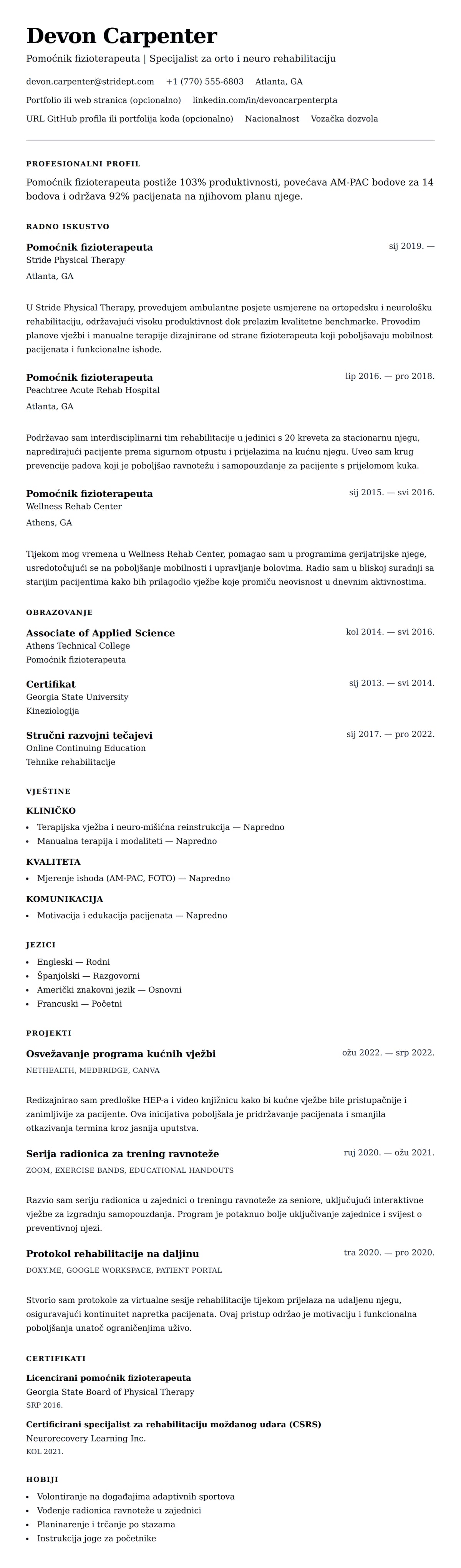 Pregled životopisa za Primjer životopisa za pomoćnika fizioterapeuta (PTA)