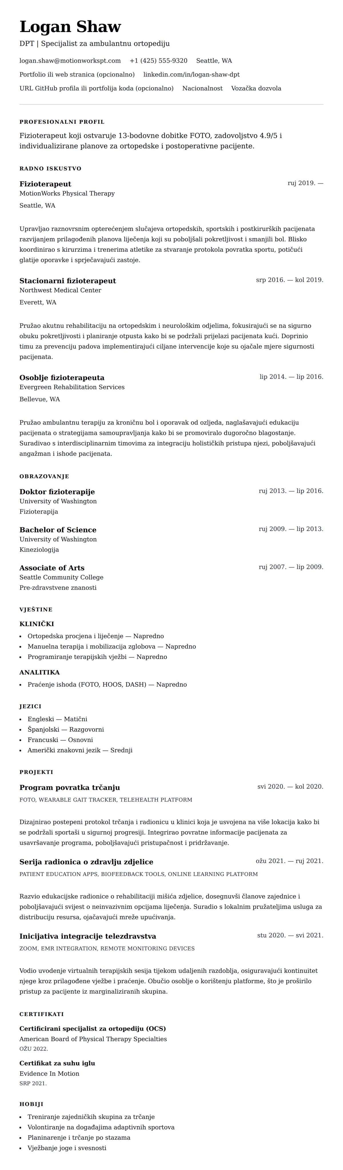 Pregled životopisa za Primjer životopisa fizioterapeuta
