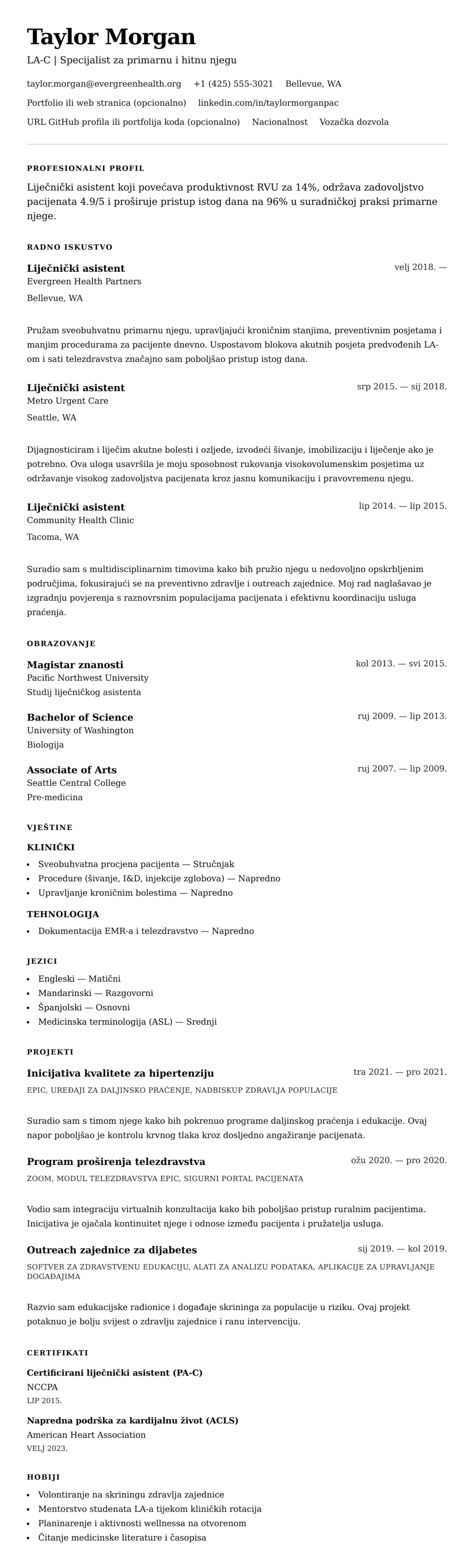 Pregled životopisa za Primjer životopisa liječničkog asistenta