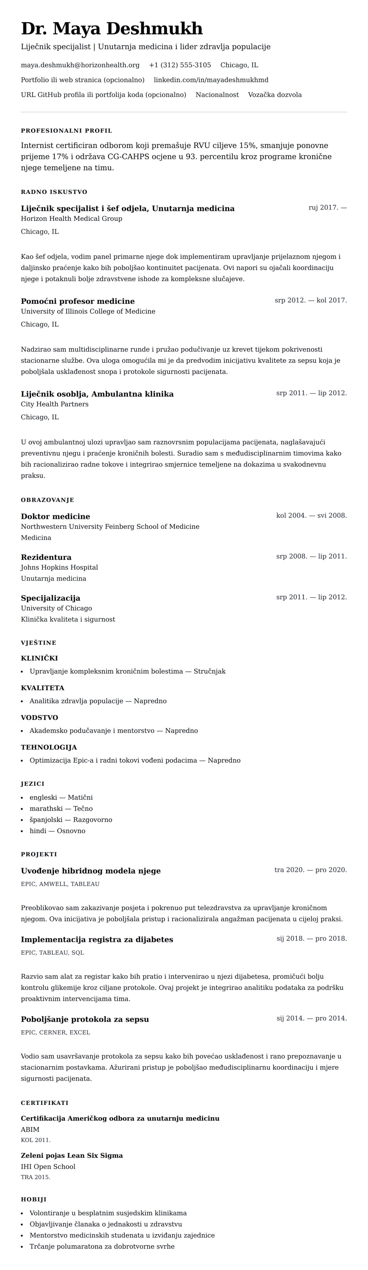 Pregled životopisa za Primjer životopisa liječnika