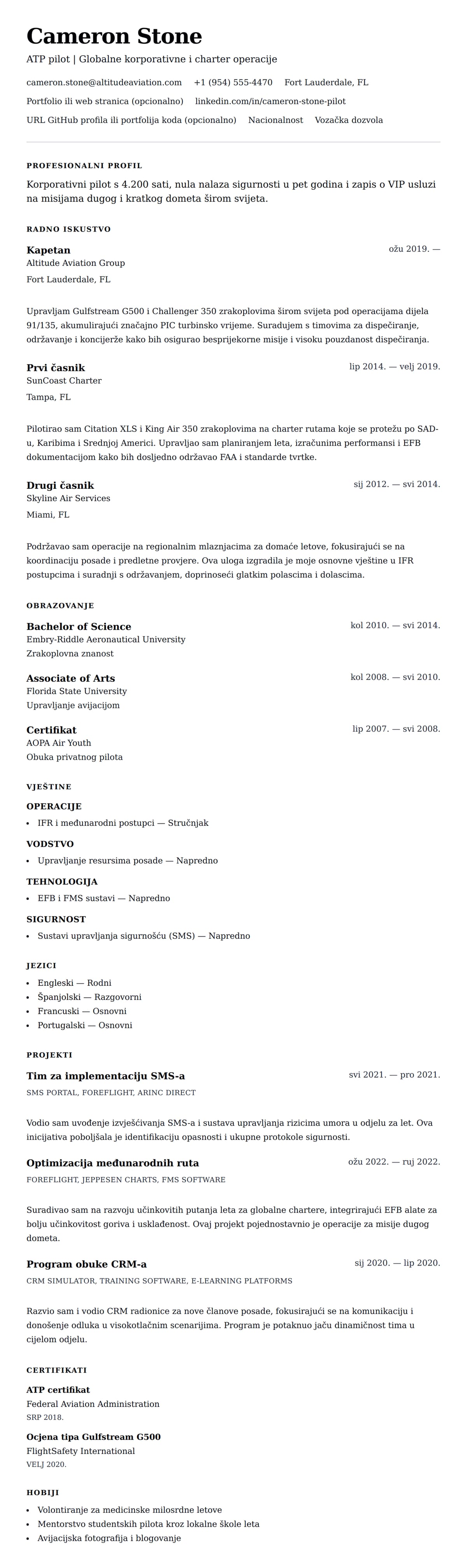 Pregled životopisa za Primjer životopisa pilota