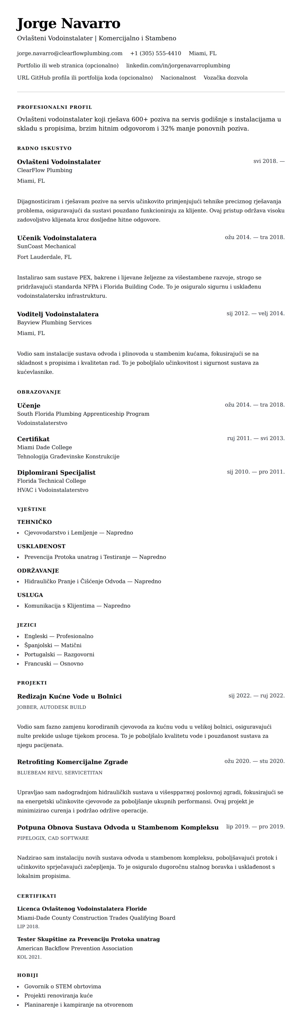 Pregled životopisa za Primjer Životopisa Vodoinstalatera