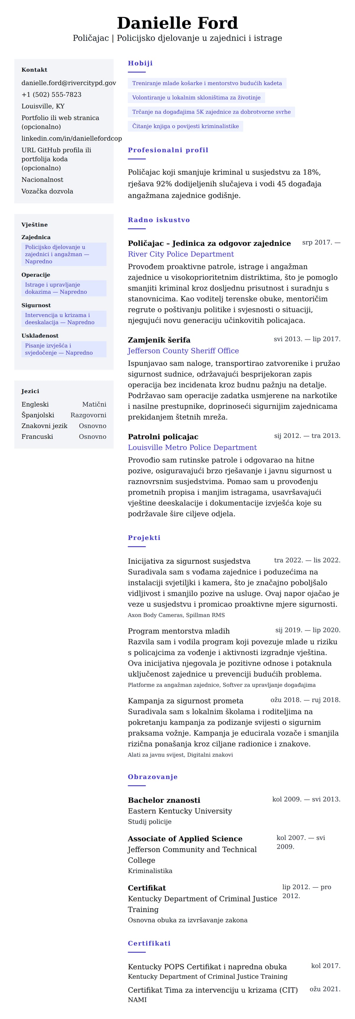 Pregled životopisa za Primjer životopisa policajca