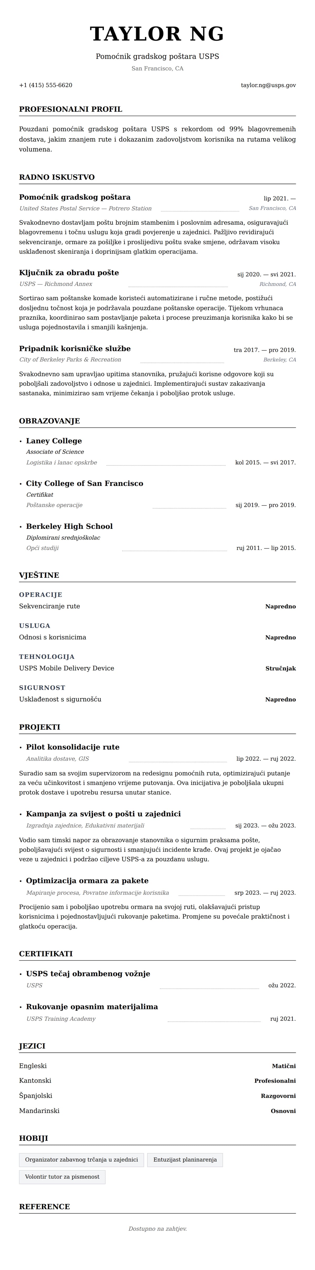 Pregled životopisa za Primjer rezimea za radnika poštanske službe