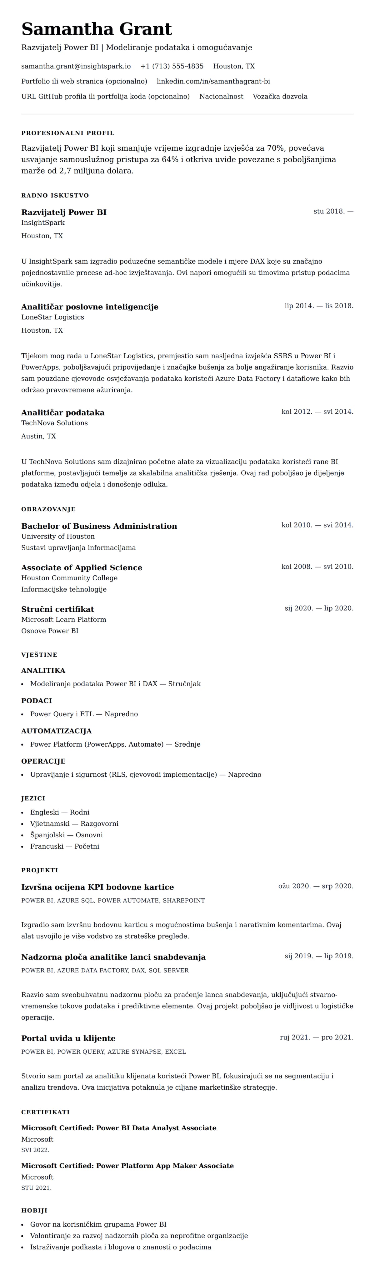 Pregled životopisa za Primjer rezimea za razvijatelja Power BI