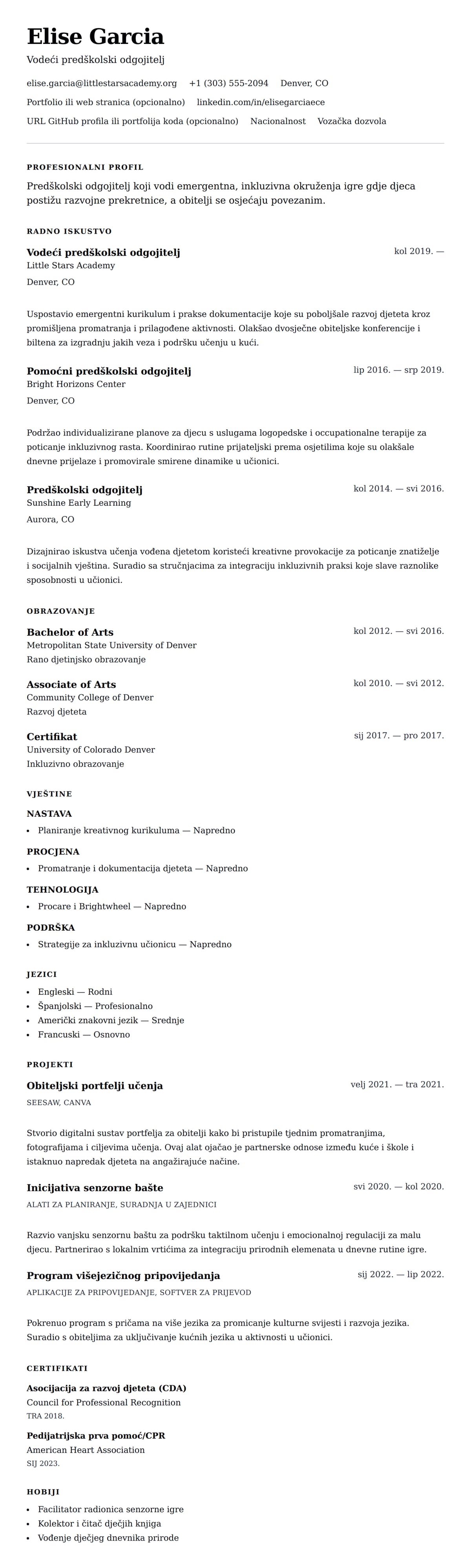 Pregled životopisa za Primjer rezimea za predškolskog odgojitelja