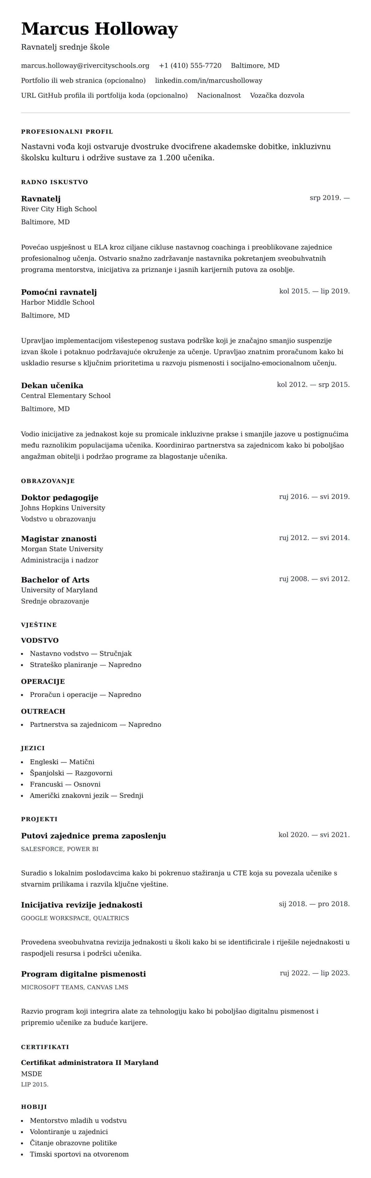 Pregled životopisa za Primjer životopisa za ravnatelja