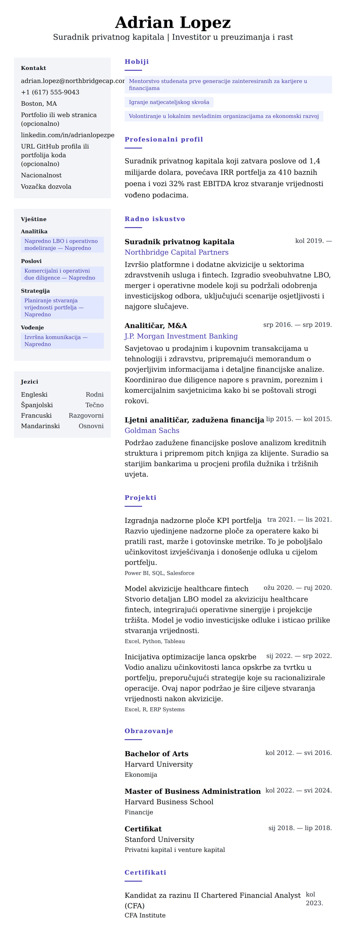 Pregled životopisa za Primjer životopisa suradnika privatnog kapitala