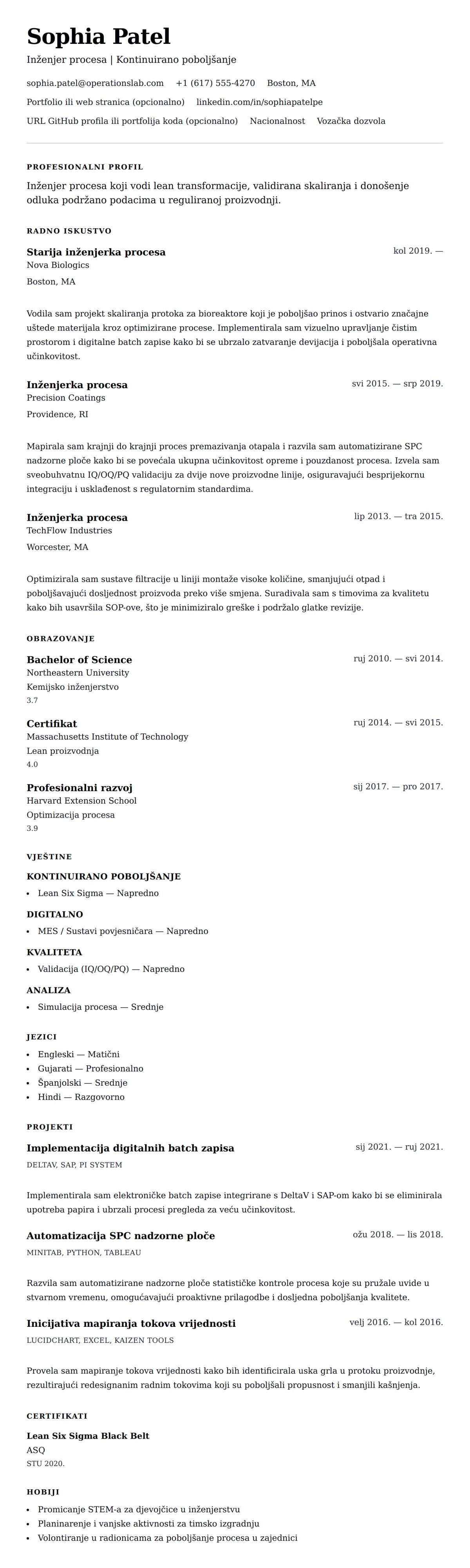 Pregled životopisa za Primjer životopisa inženjera procesa