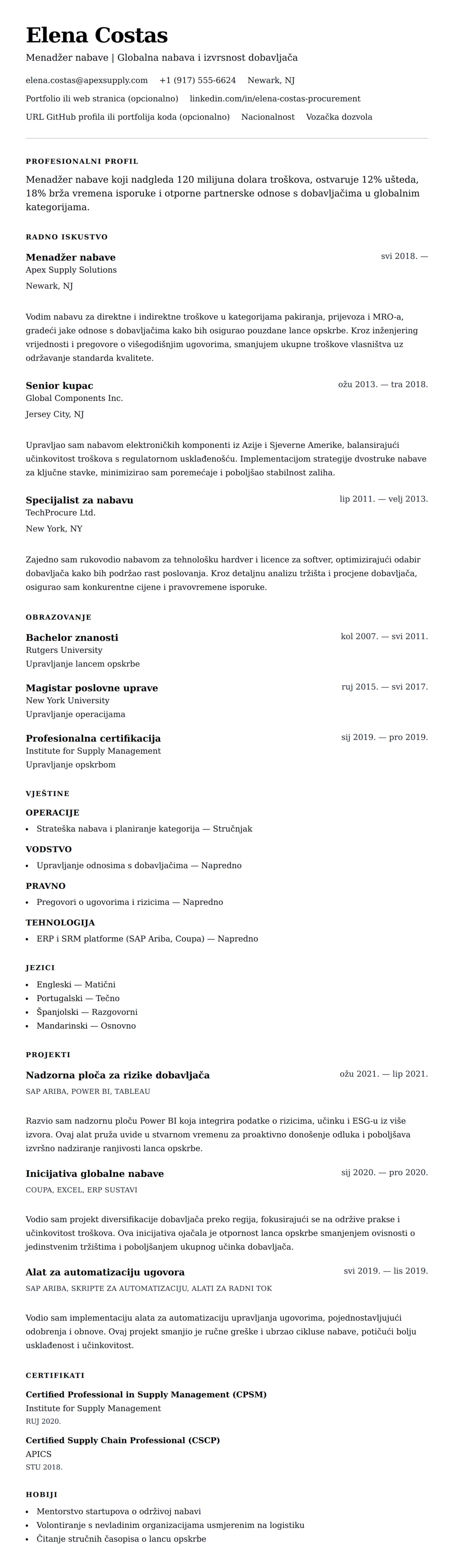 Pregled životopisa za Primjer životopisa menadžera nabave