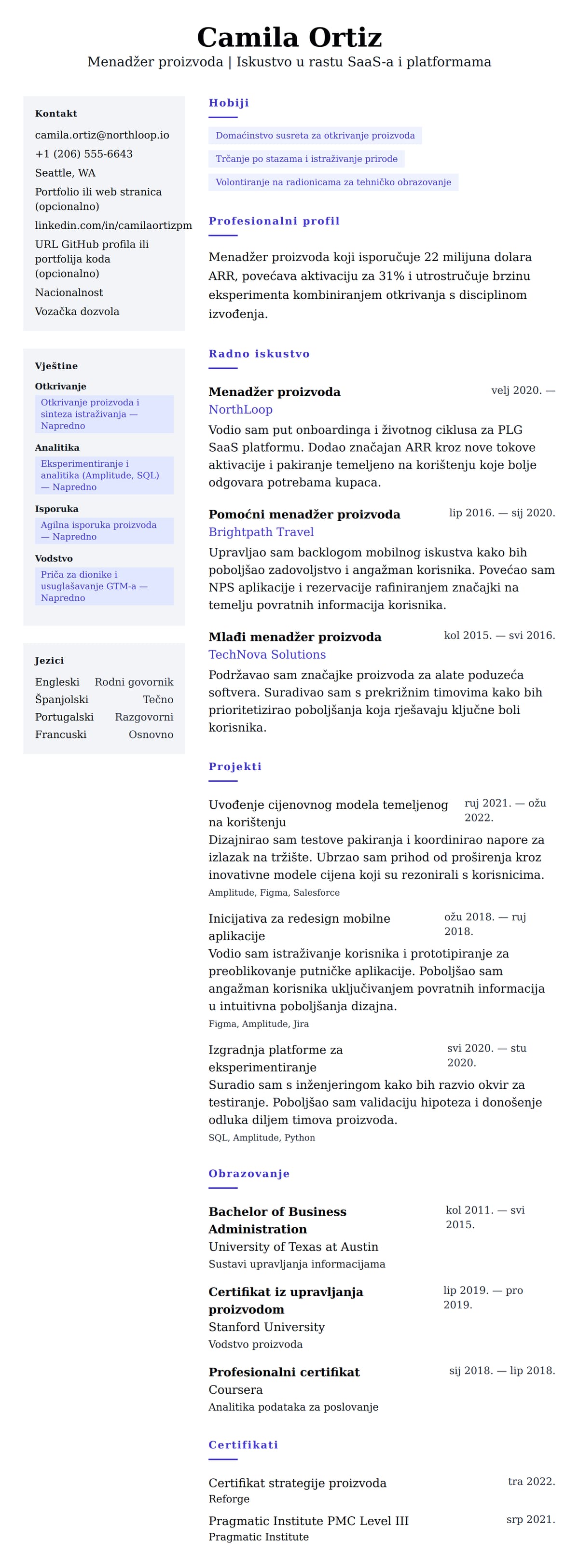 Pregled životopisa za Primjer životopisa za menadžera proizvoda