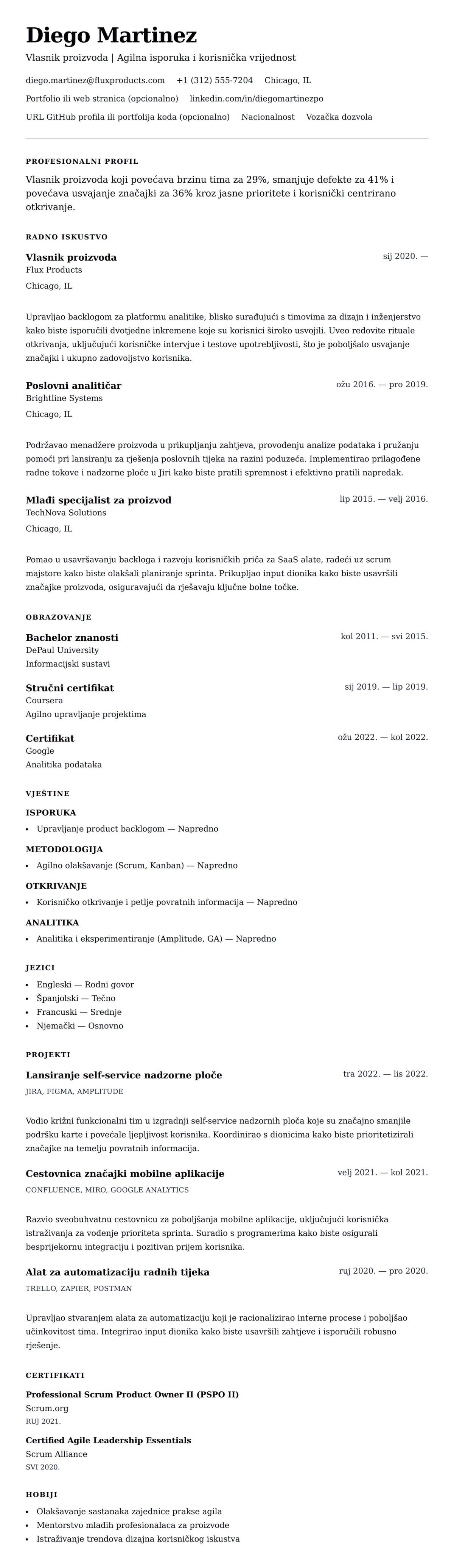 Pregled životopisa za Primjer životopisa vlasnika proizvoda