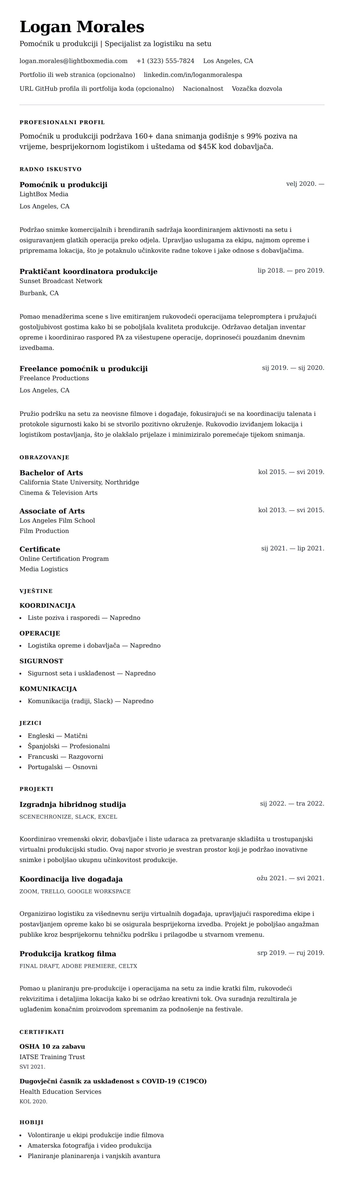 Pregled životopisa za Primjer životopisa za pomoćnika u produkciji