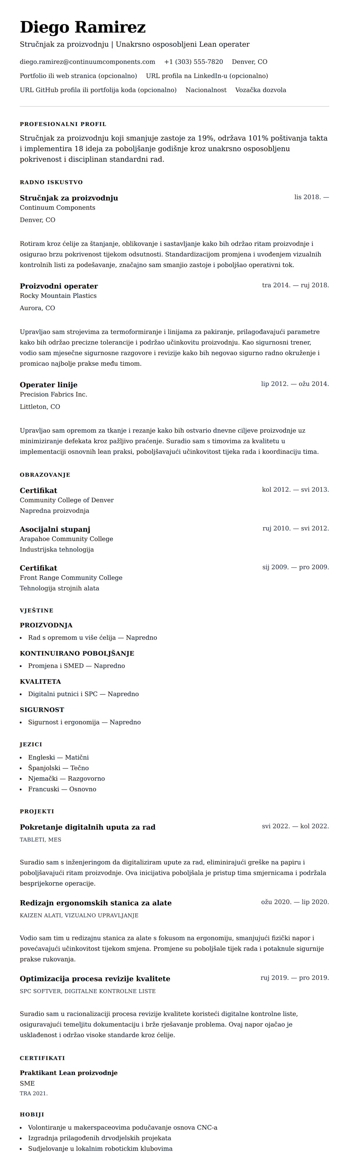 Pregled životopisa za Primjer životopisa stručnjaka za proizvodnju