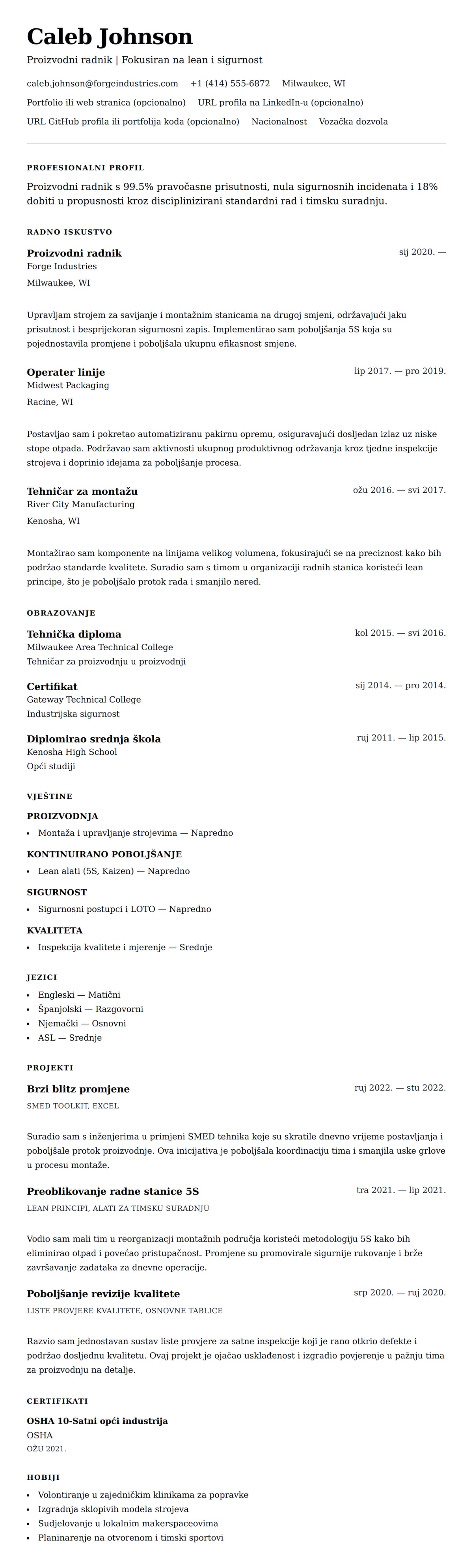 Pregled životopisa za Primjer životopisa za proizvodnog radnika