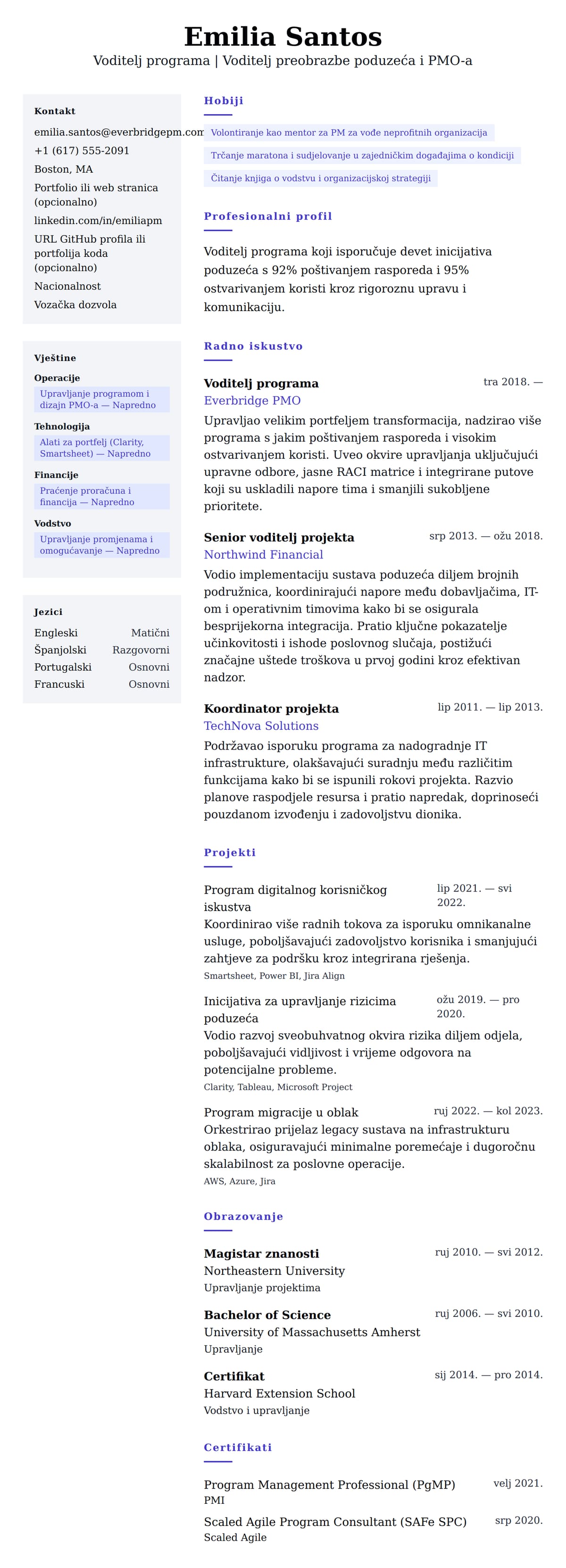 Pregled životopisa za Primjer rezumeja za voditelja programa