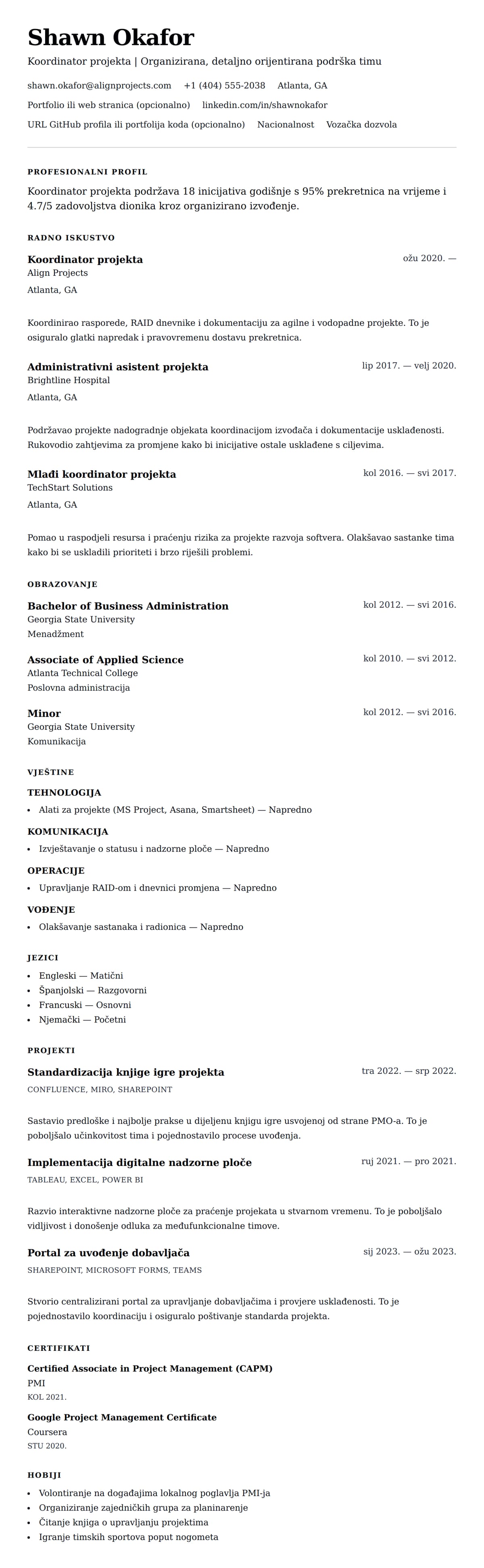 Pregled životopisa za Primjer životopisa koordinatora projekta