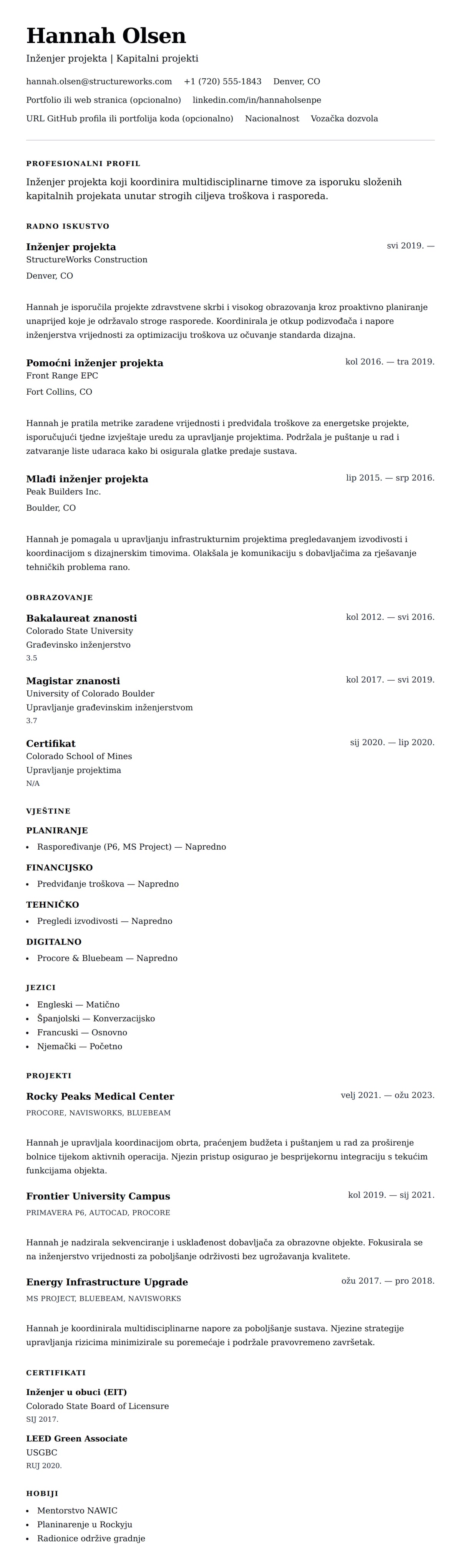 Pregled životopisa za Primjer životopisa inženjera projekta